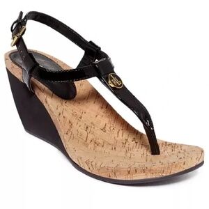 Lauren Ralph Lauren Reeta Black Patent Leather T-strap 3" Wedge Sandals Sz 8.5